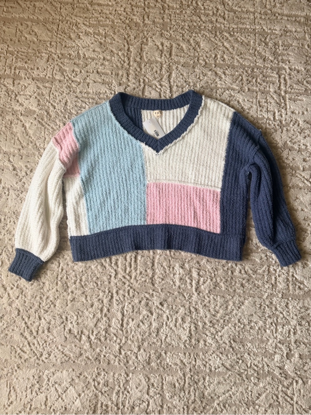 POL Colorblock V‑Neck Sweater in Blue, Pink & Cream with Navy Trim